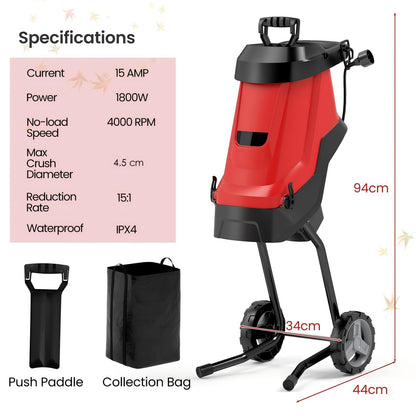 Garden Shredder, 1800W Electric Wood Chipper with 49L Collection Bag