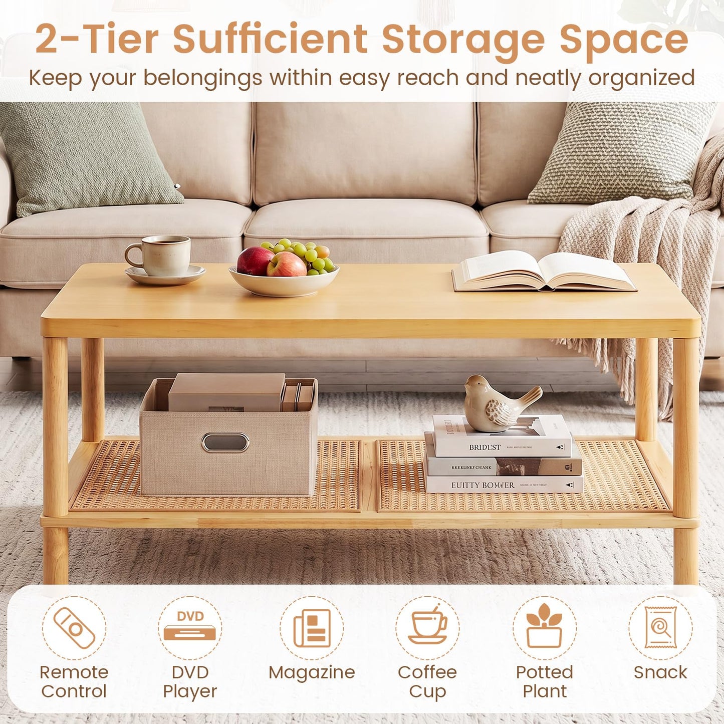 2-Tier Rattan Coffee Table with Storage Shelf, Rubber Wood Frame