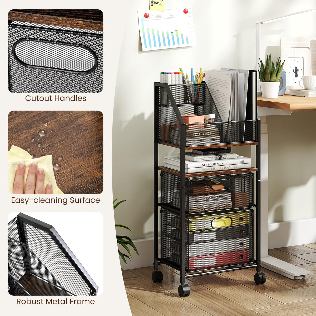 Rolling File Utility Cart with 2 Drawers and Lockable Wheels for Home Office