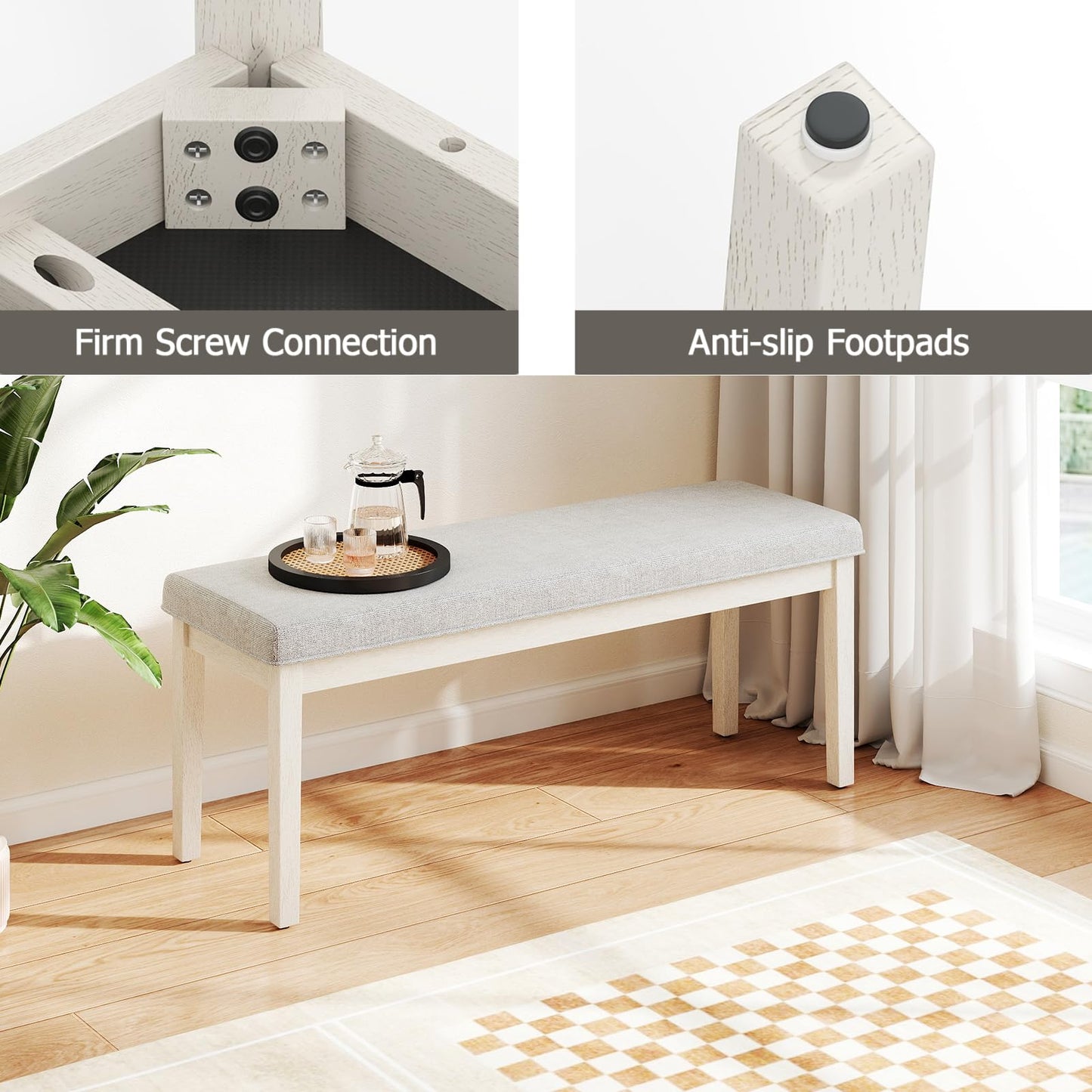 Upholstered Dining Bench Shoe Bench with Rubber Wood Legs and 300 KG Max Load