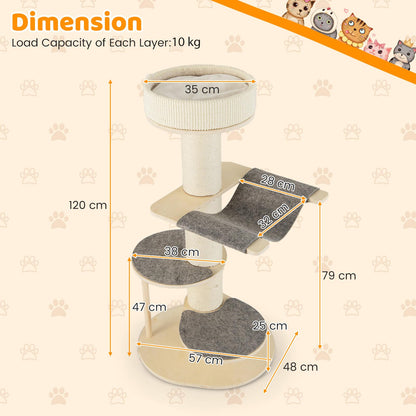 120 CM Multi-layer Cat Tower with Sisal Covered Scratching Posts and Carpet