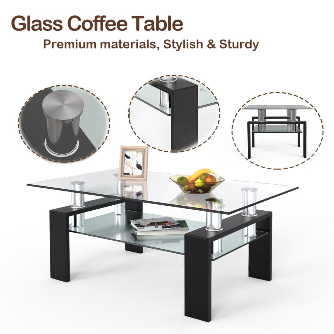 2-Tier Coffee Table, Tempered Glass Rectangle Sofa Side Table