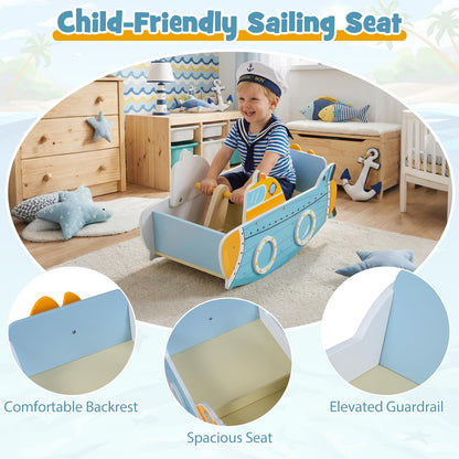 Kids Rocking Boat, Submarine-Themed Wooden Rocking Ship Toy with Rotating Propeller