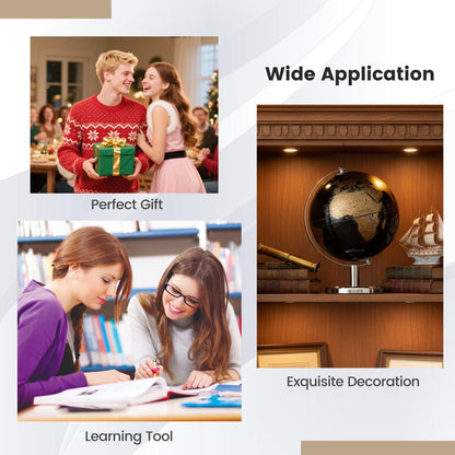 20CM Rotating Metallic Black World Globe with Metal Stand for Home School