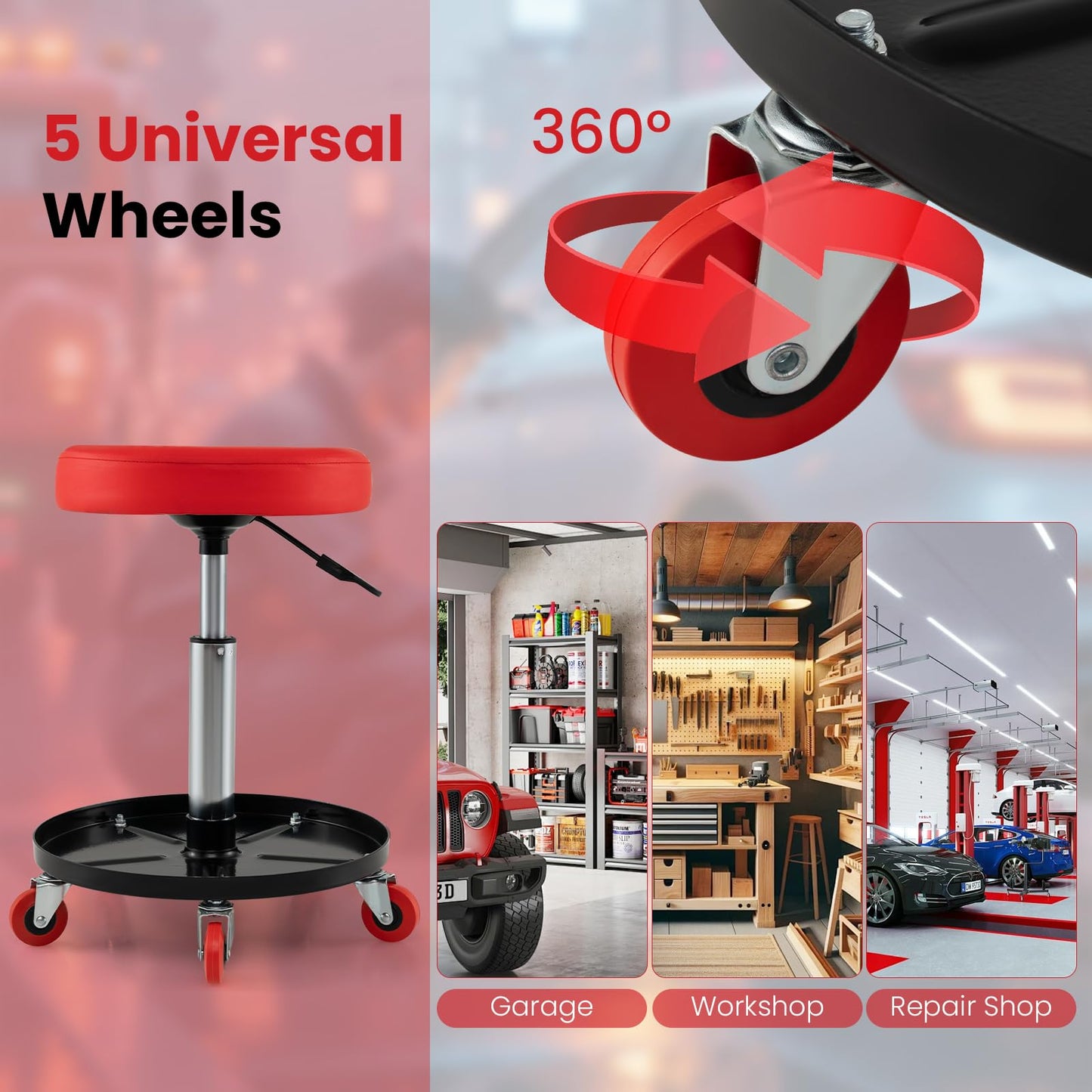 Pneumatic Rolling Mechanic Stool with Tool Tray & Adjustable Height