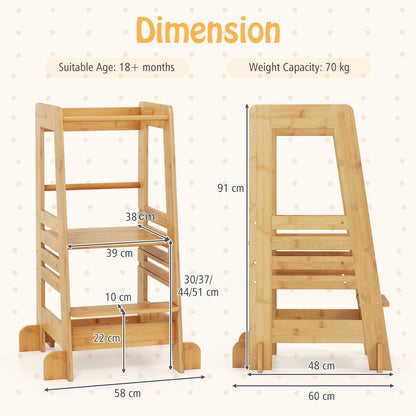 Bamboo Kids Step Stool with Height Adjustable Platform and Safety Rail