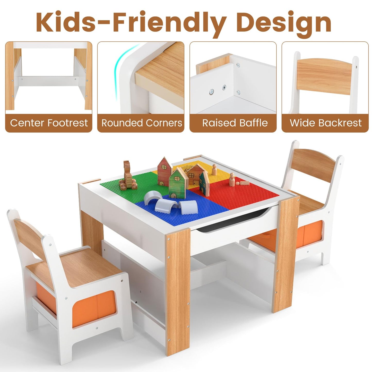 Kids Table and 2 Chairs Set Multifunctional Activity Table with Reversible Tabletop