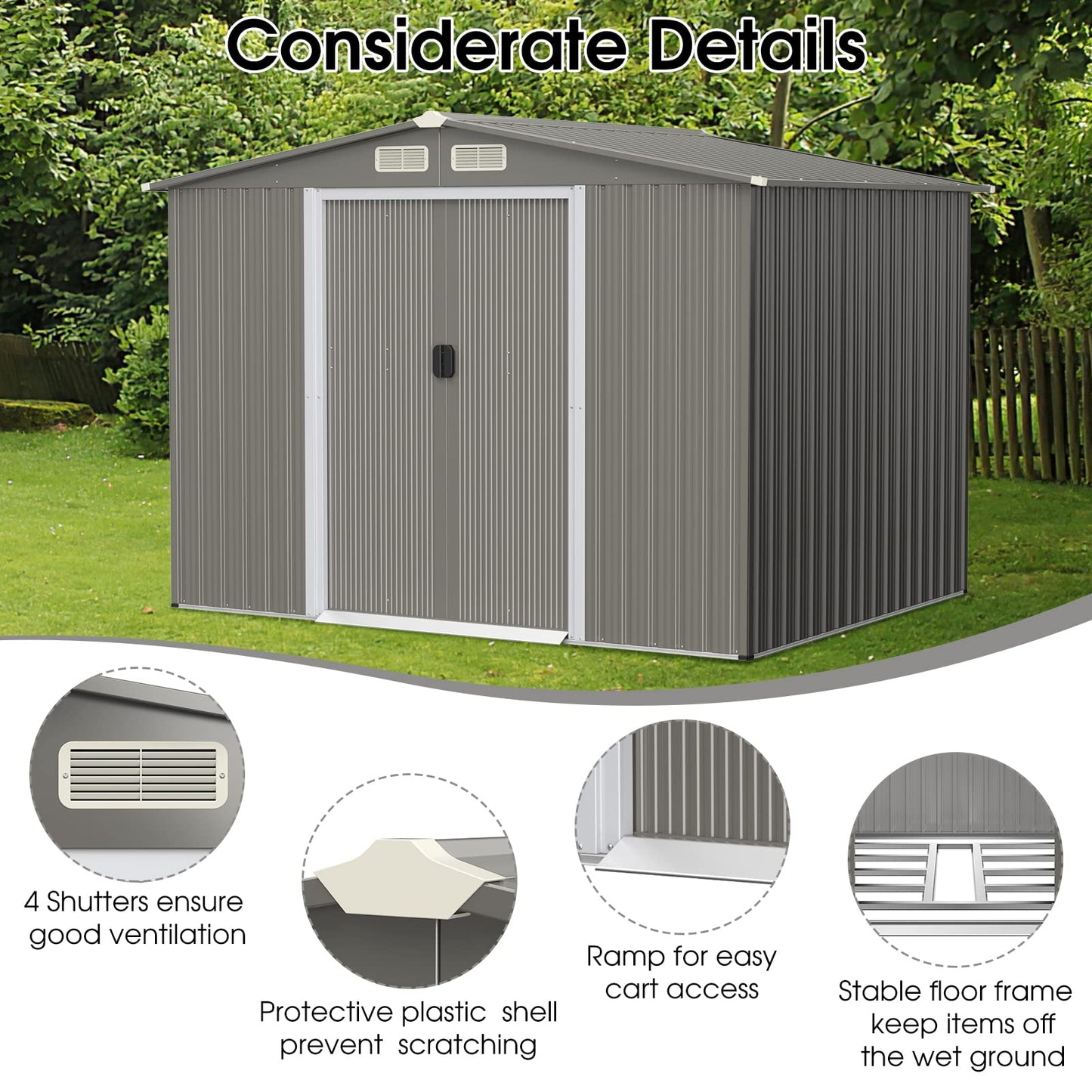 8.5x7FT Outdoor Galvanized Metal Garden Shed with Foundation