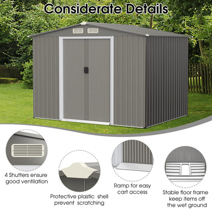 8.5x7FT Outdoor Galvanized Metal Garden Shed with Foundation