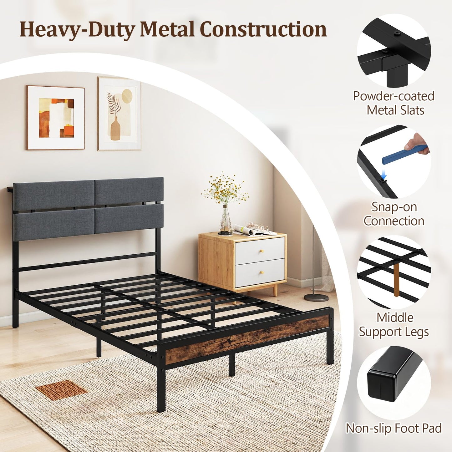Double Bed Frame with LED Lights, Charging Station