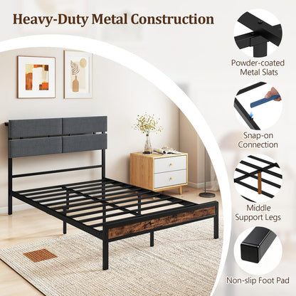 Double Bed Frame with LED Lights, Charging Station