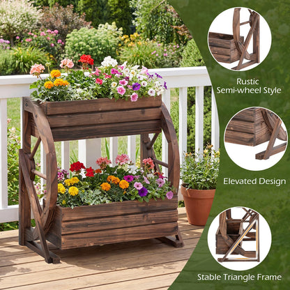 Wood Wagon Planter Box, 2-Tier Rustic Raised Garden Bed with Drainage Holes