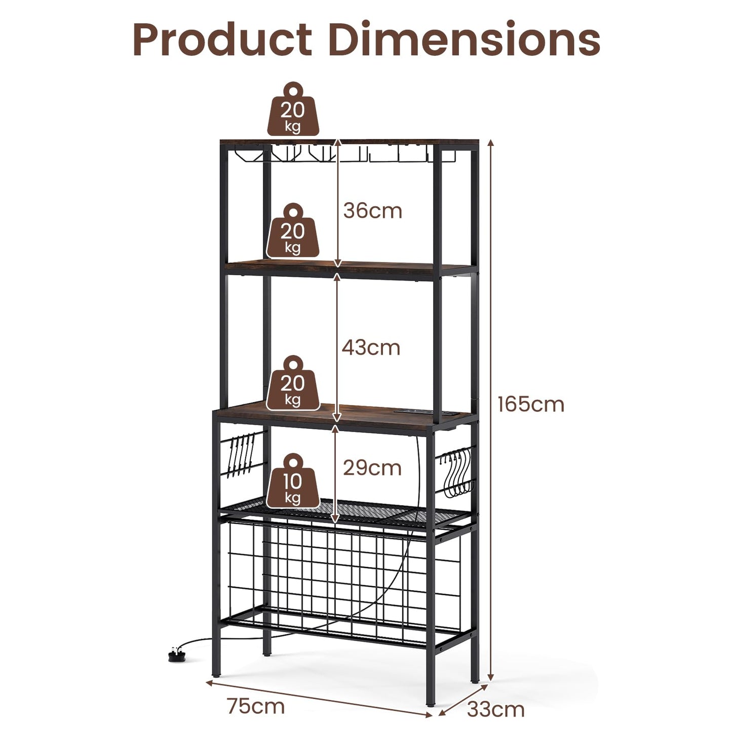 Wine Organizer with Power Outlet Multi-Tier Bakers Rack with Glass