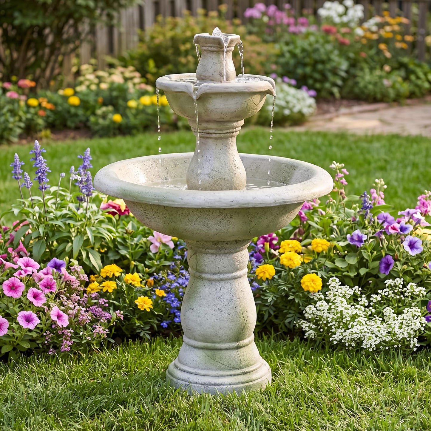 3-Tier Outdoor Water Fountain, 89cm Self-Contained Cascading Water Feature