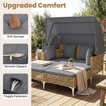 Garden Rattan Daybed, Patio Double Chaise Lounger Sun Bed with Retractable Canopy