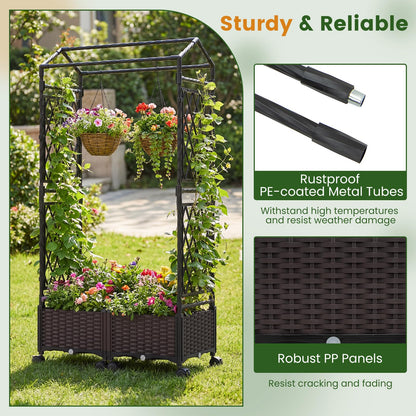 Self-Watering Planter Boxes with Lattice Trellis and Roof for Climbing Vine