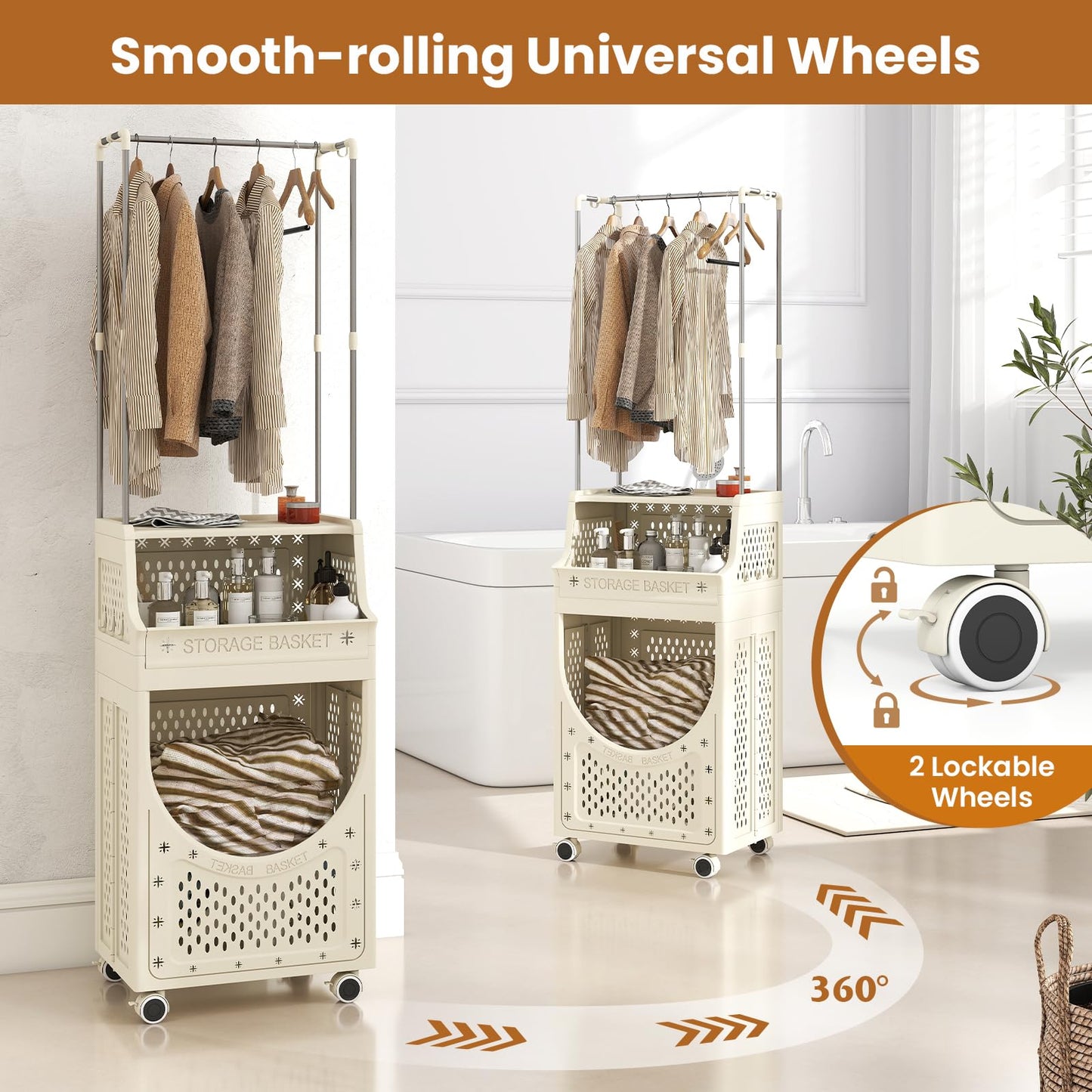 3/4-Tier Laundry Basket Trolley on Wheels, Foldable Laundry Hamper Cart