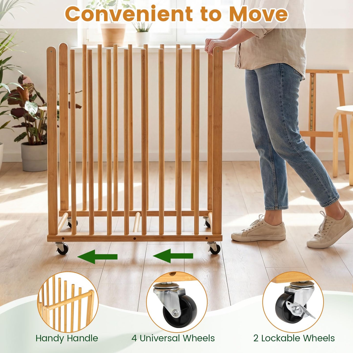 Bamboo Art Storage Rack with 4 Wheels and Side Handle for Canvases and Frames
