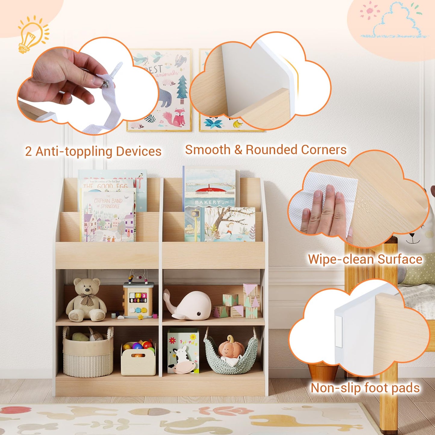 Kids Bookshelf Toddler Book Stand with 4 Upright Cubes and 4 Storage Compartments