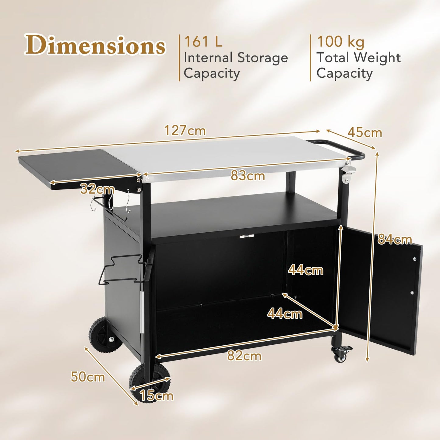 84cm Garden Serving Trolley with Folding Stainless Steel Top
