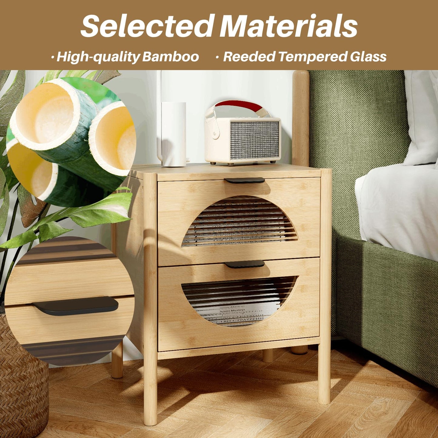 Bamboo Nightstand Mid-century Modern Bedside Table with 2 Storage Drawers