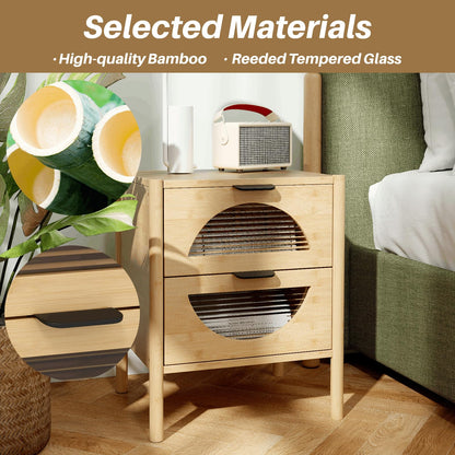 Bamboo Nightstand Mid-century Modern Bedside Table with 2 Storage Drawers
