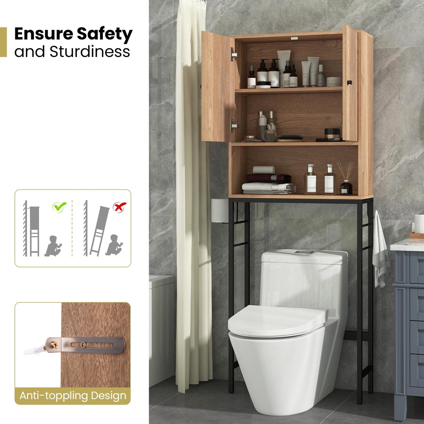 Over The Toilet Storage Cabinet with 2 Doors and Adjustable Shelf