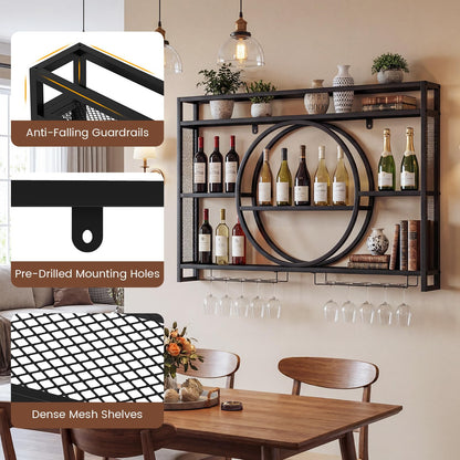 Wall Mounted Wine Rack, 5-Tier Hanging Bar Shelves with Glass Holder