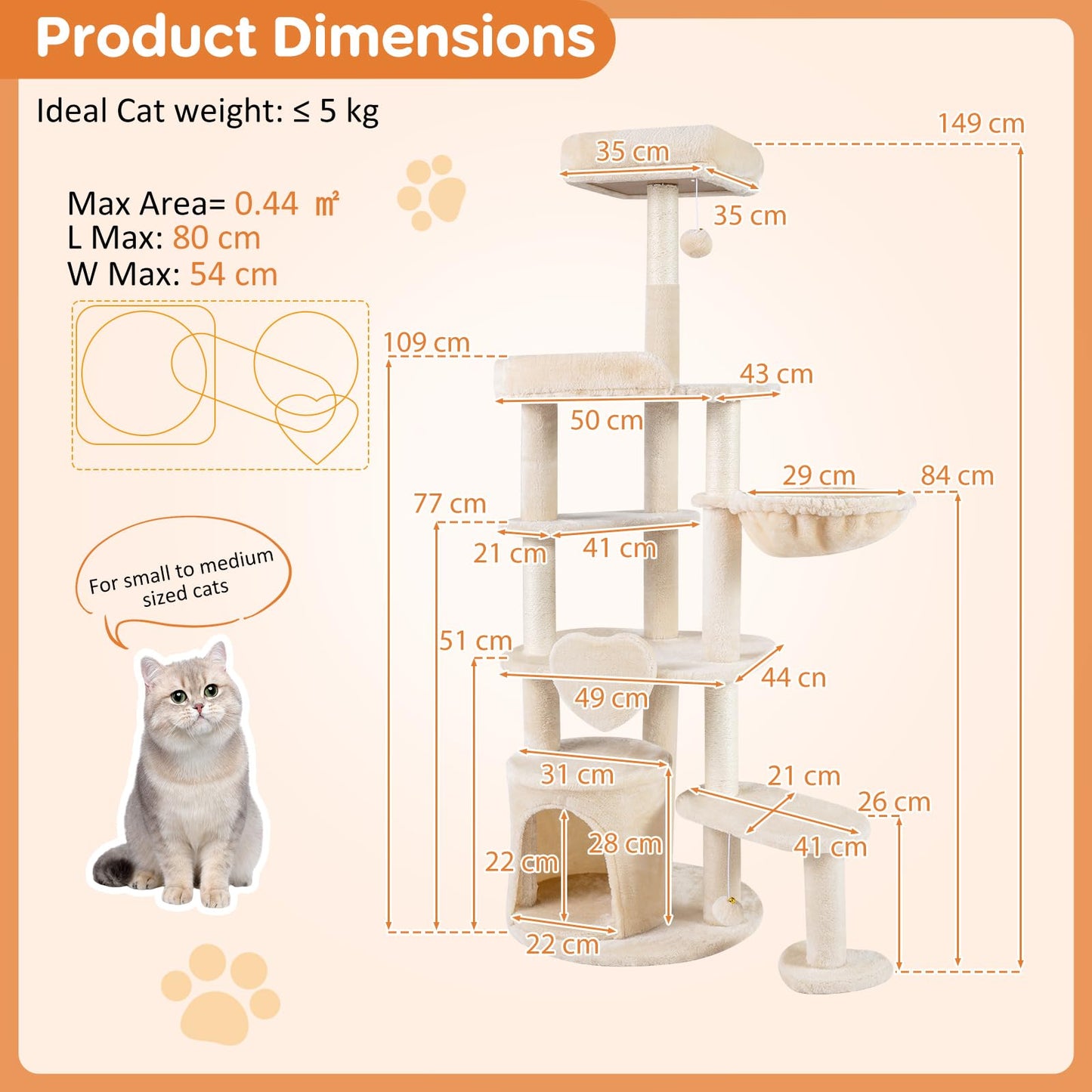 Cat Tree, 149cm Tall Cats Tower with Perches, Plush Condo, Cozy Basket