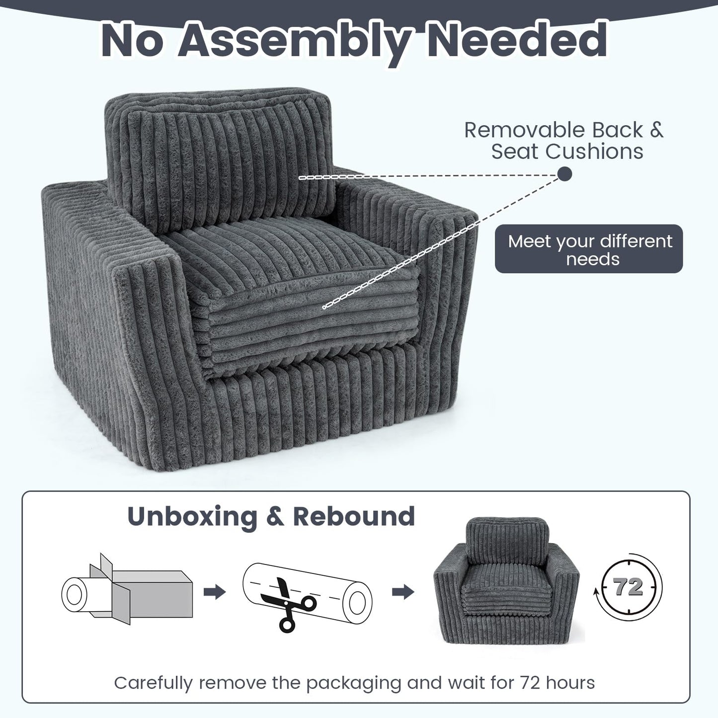 Furry Boneless Couch for Small Spaces with Removable Cover and Pillow