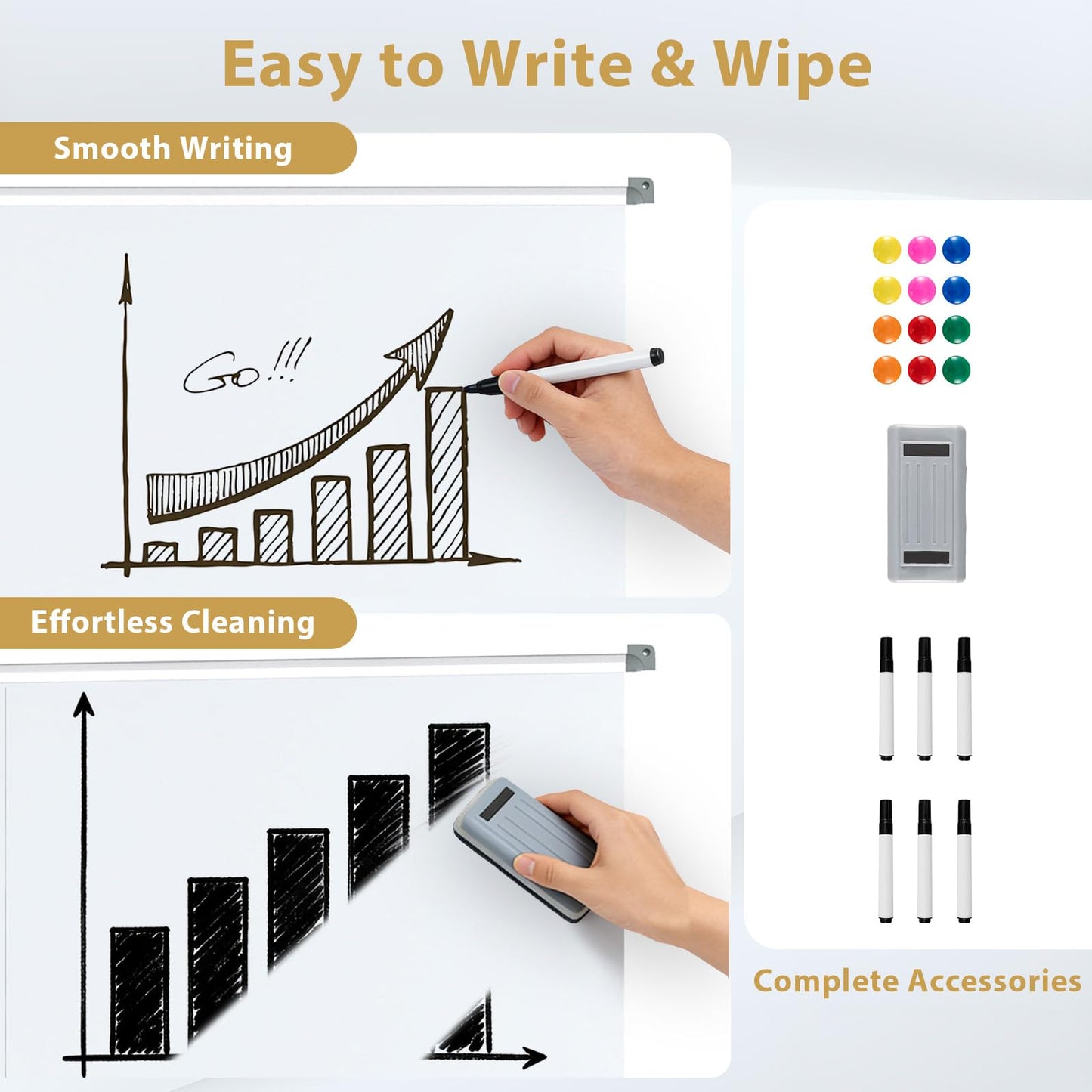 Double Sided Magnetic Whiteboard, Mobile Reversible Dry Erase Board with Black Markers