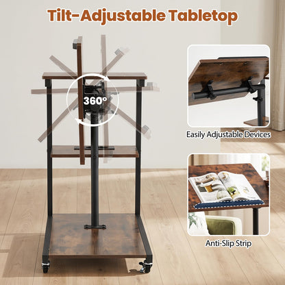 Height Adjustable C-Shaped Side Table with Charging Station, Wheels