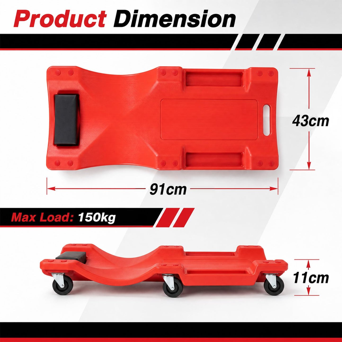 36/40 Inch Mechanic Creeper with Padded Headrest & 2 Tool Trays