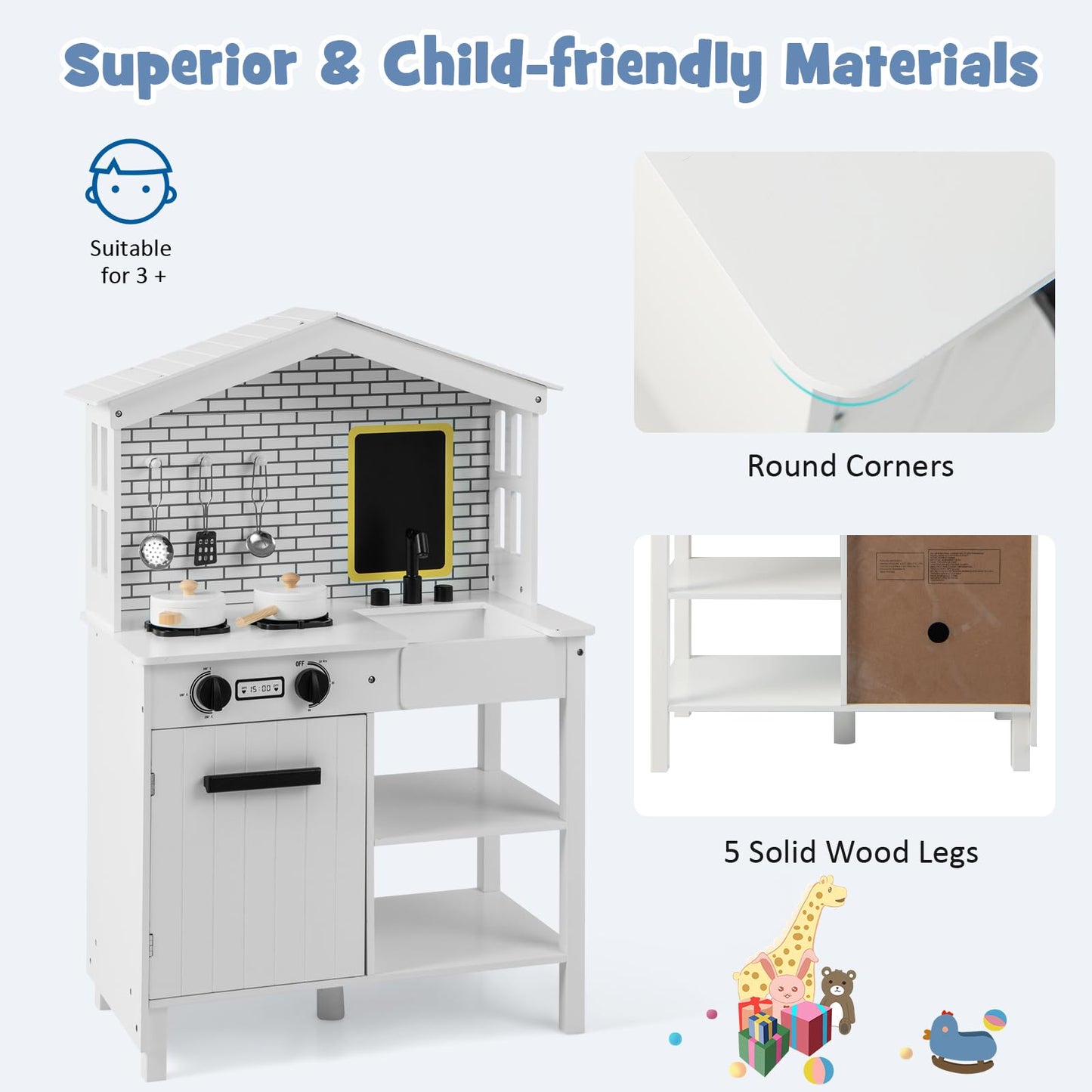 Kids Play Kitchen Pretend Playset with Stoves and Chalkboard