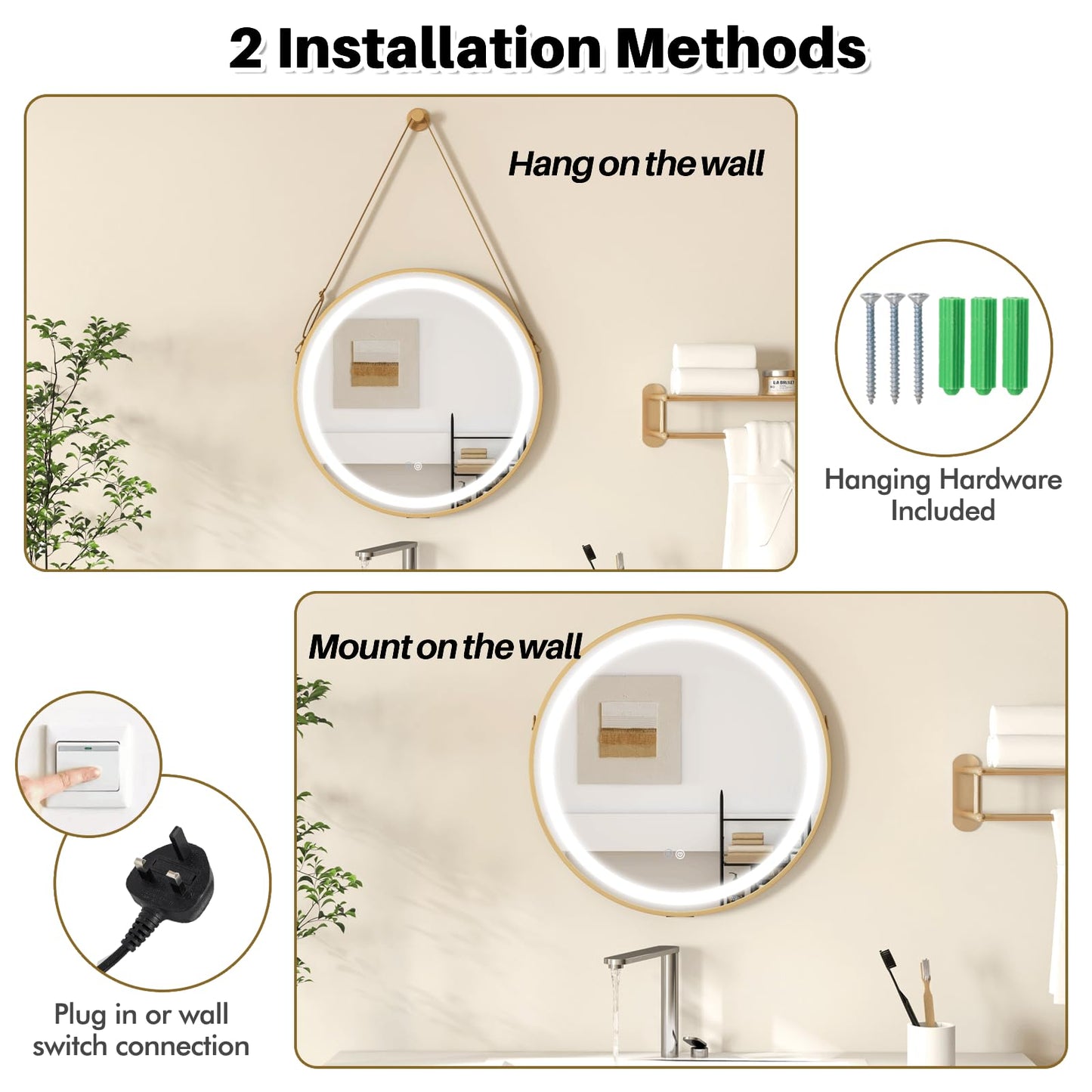 Hanging Wall Bathroom Mirror with Hanging Strap and 3 Colors LED Light