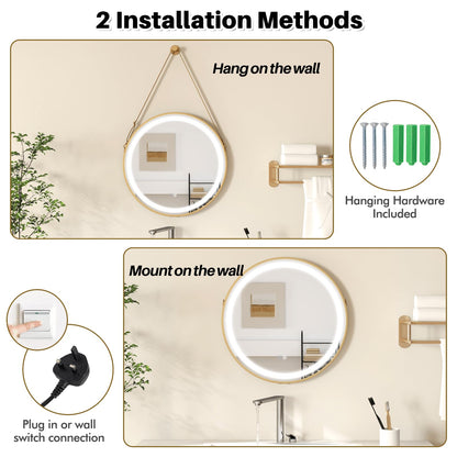 Hanging Wall Bathroom Mirror with Hanging Strap and 3 Colors LED Light