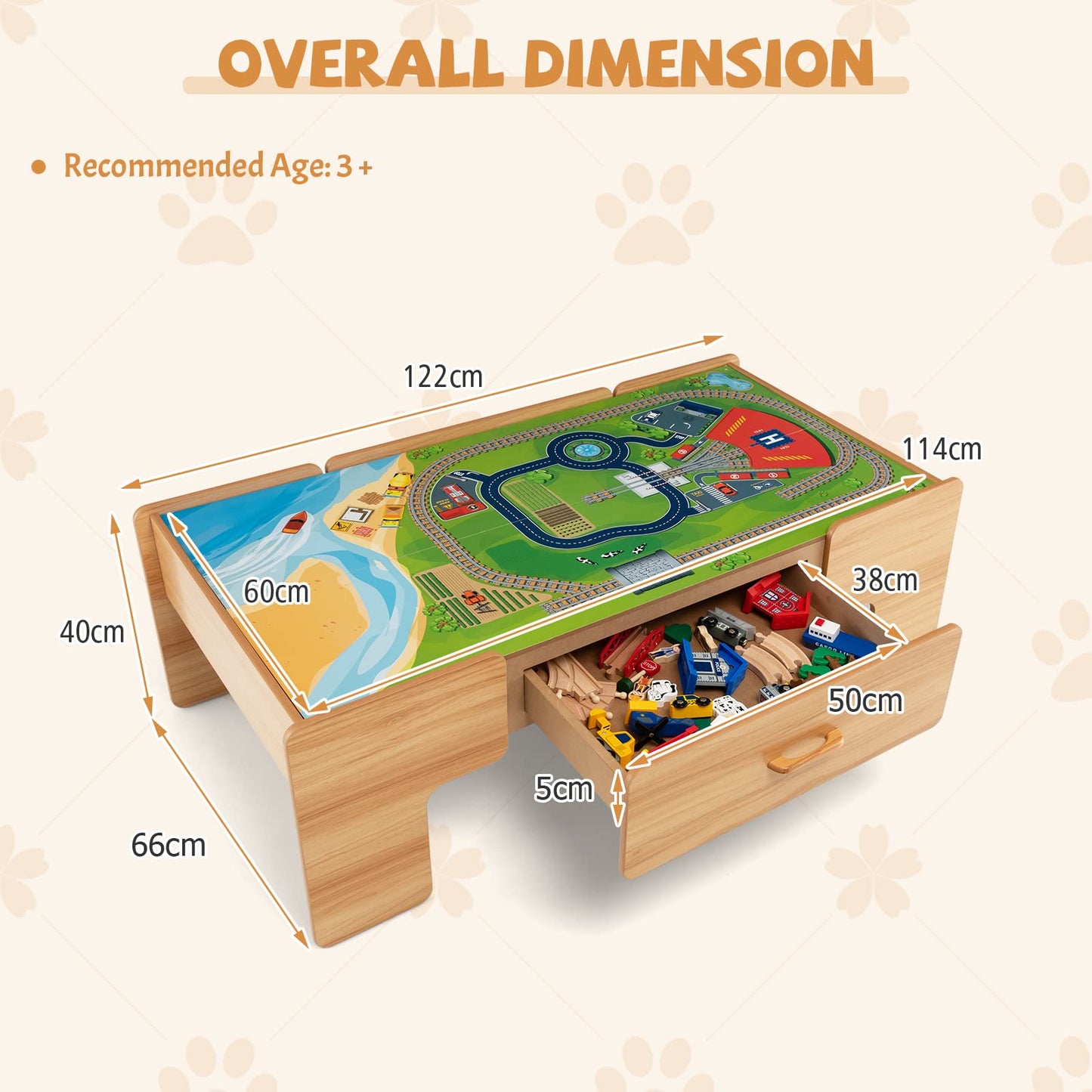 Wooden Train Track Set with Reversible Tabletop 100 Pieces Toy and Storage Drawer