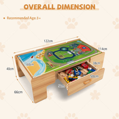 Wooden Train Track Set with Reversible Tabletop 100 Pieces Toy and Storage Drawer