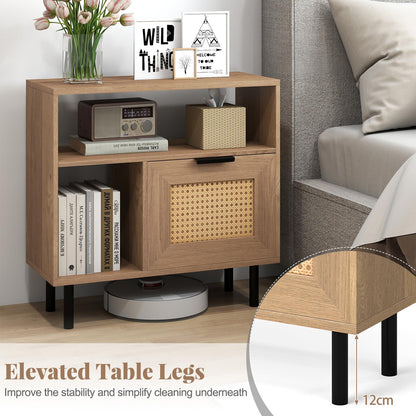 Boho Rattan Side End Table with Open Storage Shelf and Cabinet