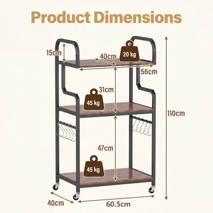 3-Tier Rolling Printer Stand with Storage Shelves and Hooks