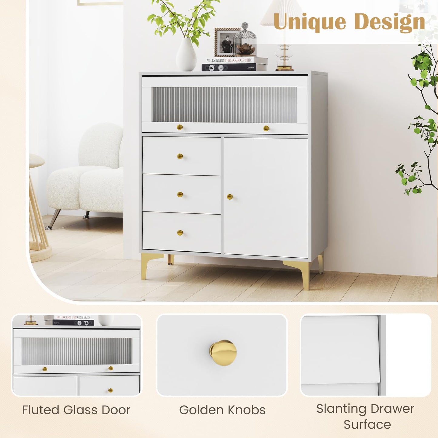 Giantex Wooden Chest of Drawers 3-Drawer Dresser Storage Cabinet with Flip Up Fluted Glass Door & Adjustable Shelf