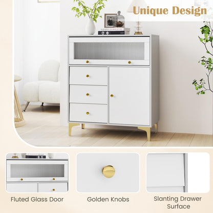 Giantex Wooden Chest of Drawers 3-Drawer Dresser Storage Cabinet with Flip Up Fluted Glass Door & Adjustable Shelf