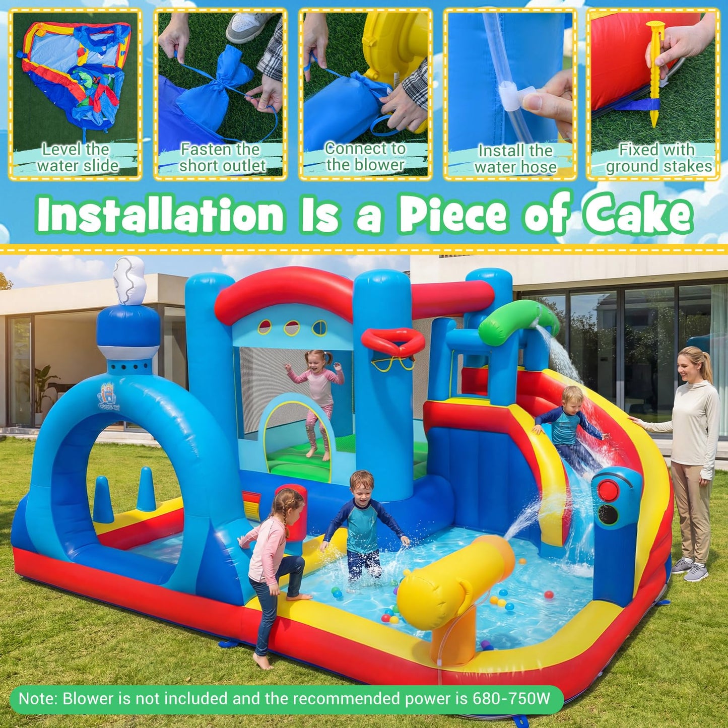 Inflatable Water Park, Kids Bouncy Castle with Splash Pool, Water Cannon