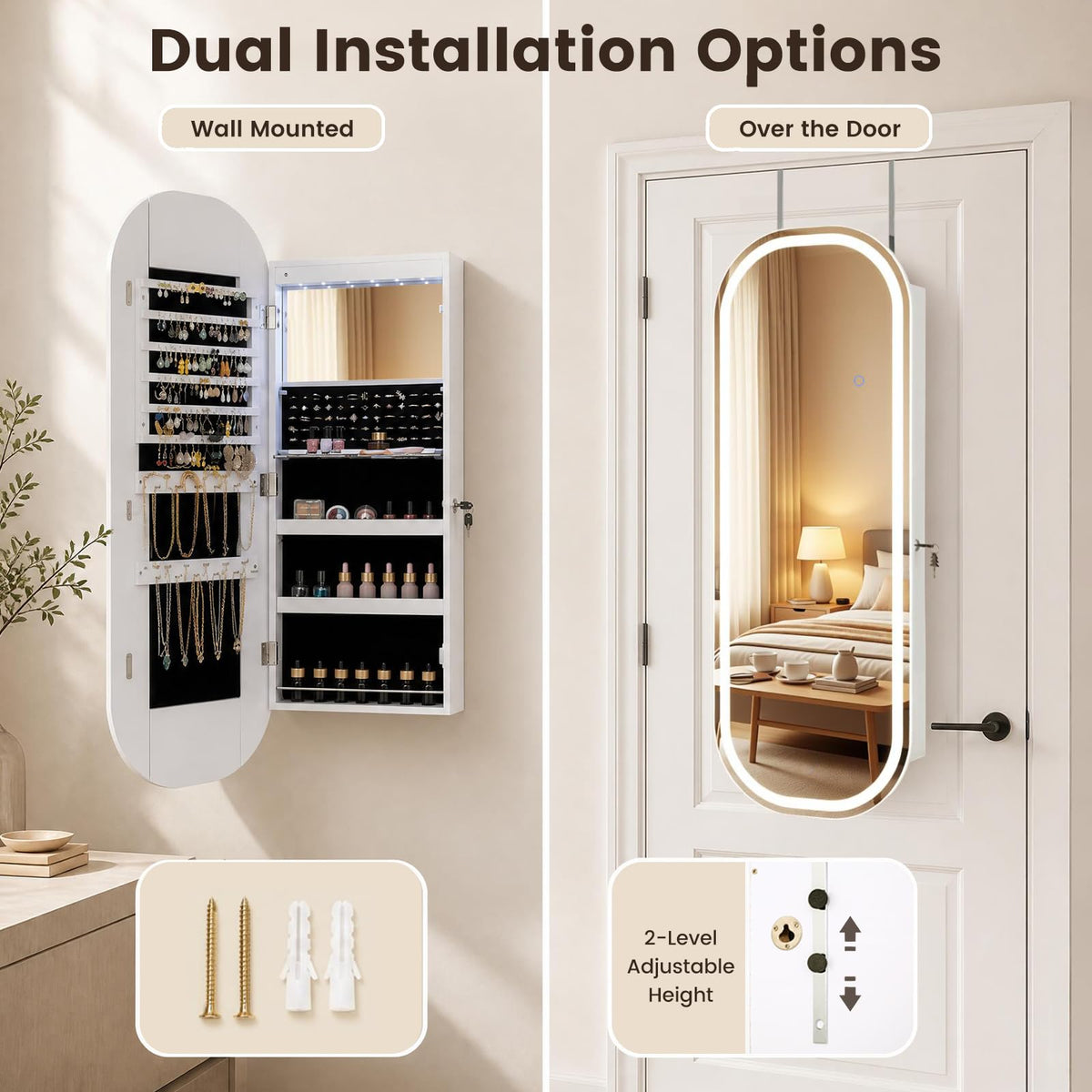 Wall and Door Mounted Jewelry Cabinet with 3-Color Adjustable Full-Length Mirror