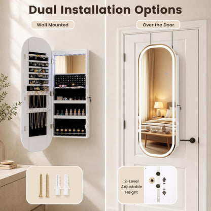 Wall and Door Mounted Jewelry Cabinet with 3-Color Adjustable Full-Length Mirror
