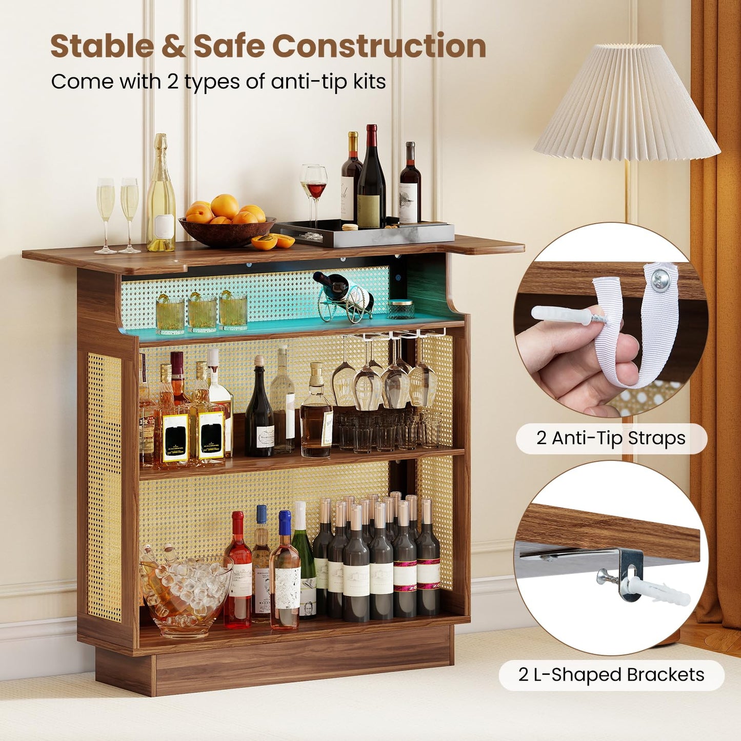 Bar Table, 4-Tier Rattan Bar Cabinet with RGB LED Light
