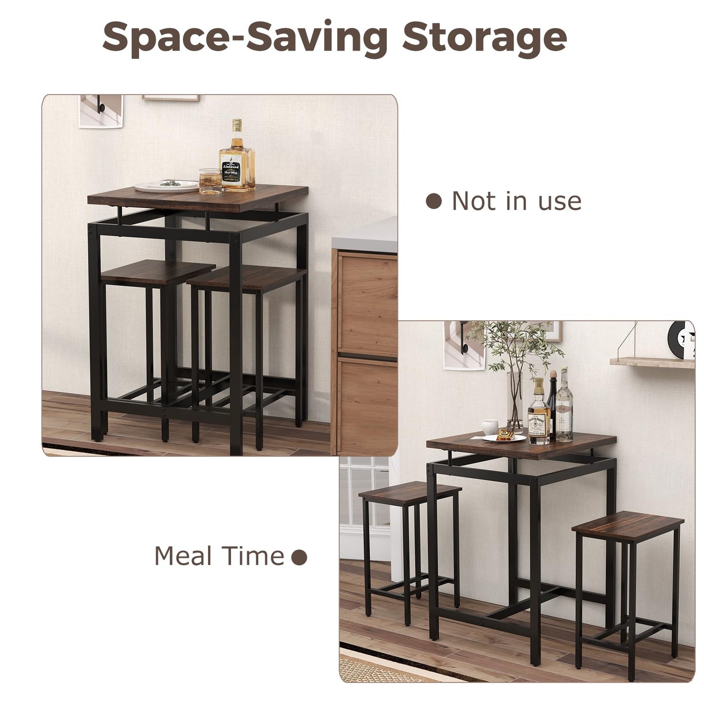 Counter Height Table and 2 Stools set with Floating Tabletop and Footrest for Small Space