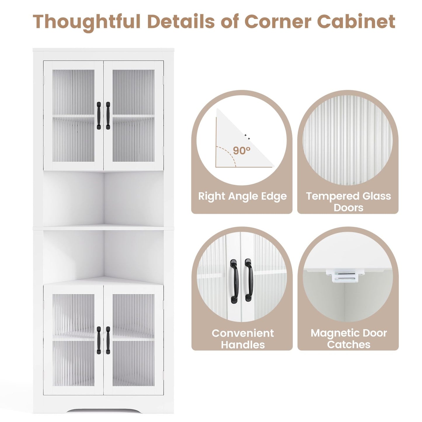 171cm Tall Space-saving Corner Cabinet with 4 Tempered Glass Doors and Adjustable Shelves