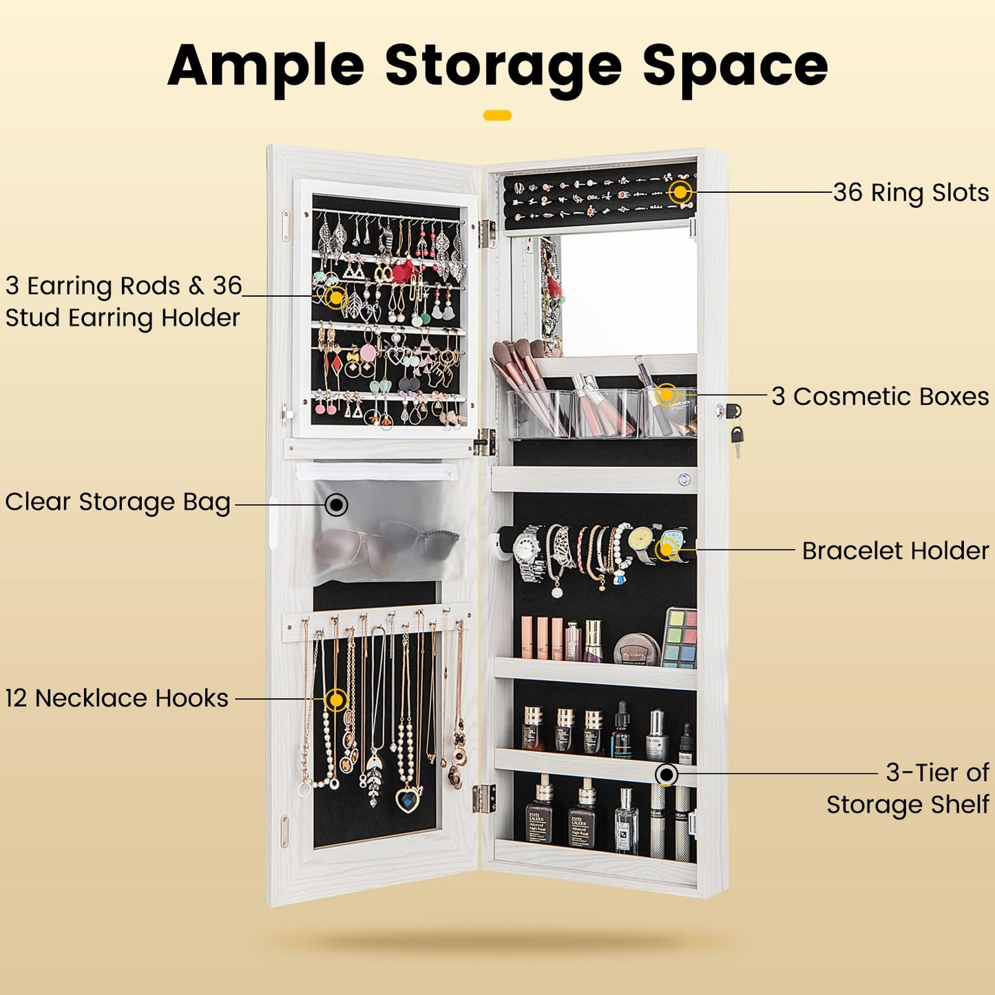 108cm Lockable Jewelry Mirror Cabinet with 3-Color LED Lights