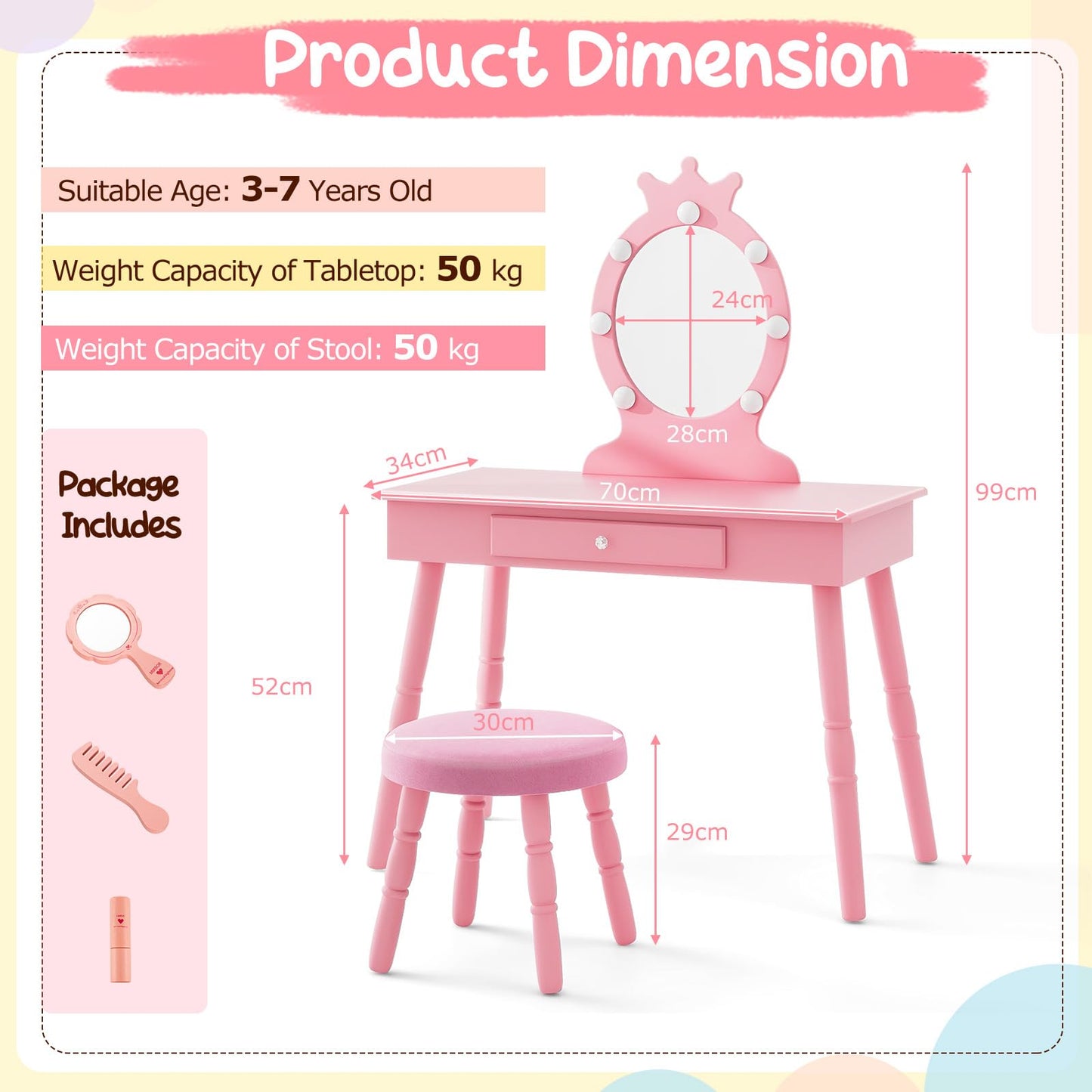 Kids Vanity Set with Lighted Mirror and Adjustable Brightness for Kids Aged 3 to 7 Years Old
